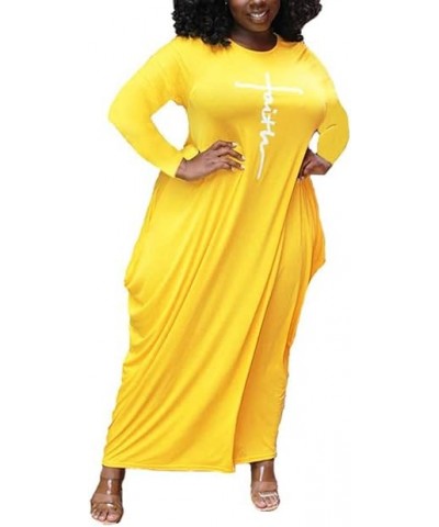 Women's Faith Maxi Dresses Plus Size Oversize Causal Loose Long Sleeve Faith Long Dresses from L-5XL Yellow $9.43 Dresses