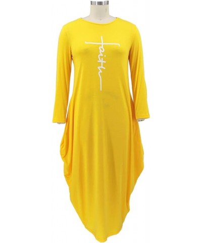 Women's Faith Maxi Dresses Plus Size Oversize Causal Loose Long Sleeve Faith Long Dresses from L-5XL Yellow $9.43 Dresses