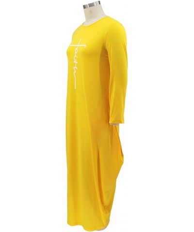 Women's Faith Maxi Dresses Plus Size Oversize Causal Loose Long Sleeve Faith Long Dresses from L-5XL Yellow $9.43 Dresses