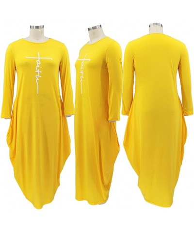 Women's Faith Maxi Dresses Plus Size Oversize Causal Loose Long Sleeve Faith Long Dresses from L-5XL Yellow $9.43 Dresses