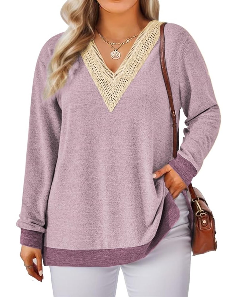 Womens-Plus-Size-Tops 2023 Lace Trim V Neck Shirts Long Sleeve Sweatshirts Color Block Side Split Hem Tunics XL-5XL 09_pink $...