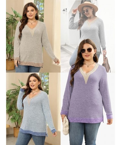 Womens-Plus-Size-Tops 2023 Lace Trim V Neck Shirts Long Sleeve Sweatshirts Color Block Side Split Hem Tunics XL-5XL 09_pink $...