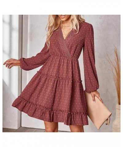 Womens 2023 Spring Summer Wrap V Neck Swiss Dot Long Sleeve Mini Dress 03-indianred $22.41 Dresses