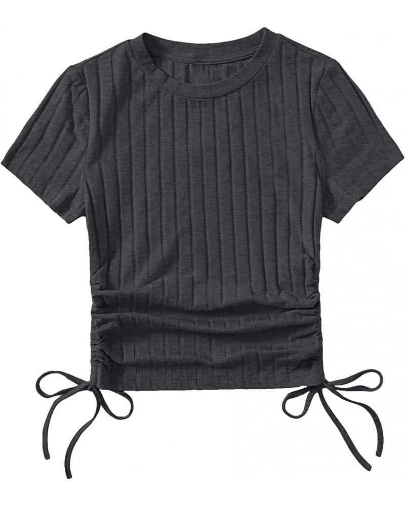 Women's Drawstring Shirt Ribbed Crop Top Short Sleeve Ruched Tee Dark Grey $11.79 T-Shirts