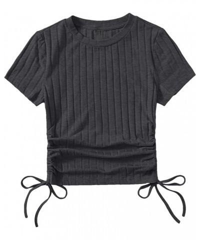 Women's Drawstring Shirt Ribbed Crop Top Short Sleeve Ruched Tee Dark Grey $11.79 T-Shirts