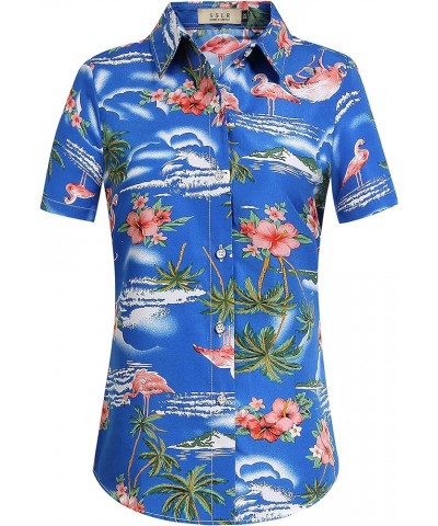 Hawaiian Shirts for Women Flamingo Shirt Tropical Shirts for Women Summer Casual Short Sleeve Sapphire Blue $15.38 Blouses