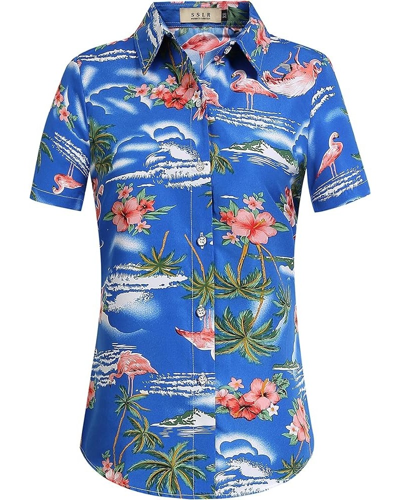 Hawaiian Shirts for Women Flamingo Shirt Tropical Shirts for Women Summer Casual Short Sleeve Sapphire Blue $15.38 Blouses