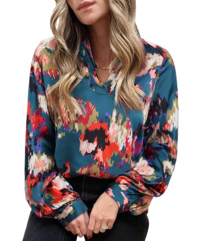 Womens Casual Boho Abstract Print Lapel V Neck Lantern Long Sleeve Satin Loose Tops Blouses Shirts Dark Green $13.19 Blouses