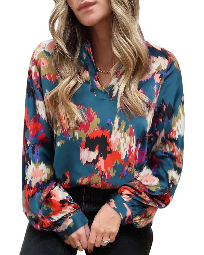 Womens Casual Boho Abstract Print Lapel V Neck Lantern Long Sleeve Satin Loose Tops Blouses Shirts Dark Green $13.19 Blouses