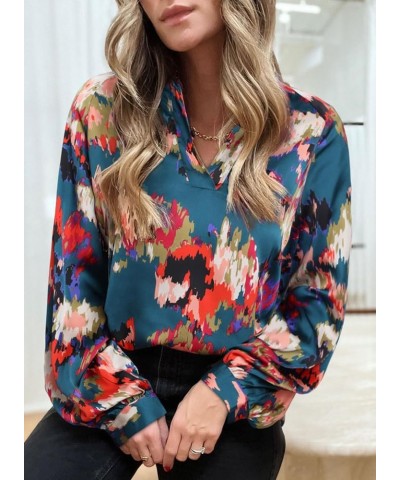 Womens Casual Boho Abstract Print Lapel V Neck Lantern Long Sleeve Satin Loose Tops Blouses Shirts Dark Green $13.19 Blouses