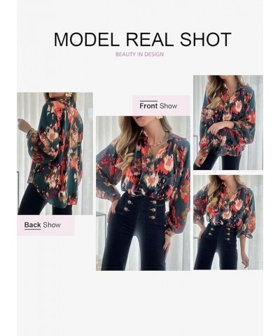 Womens Casual Boho Abstract Print Lapel V Neck Lantern Long Sleeve Satin Loose Tops Blouses Shirts Dark Green $13.19 Blouses