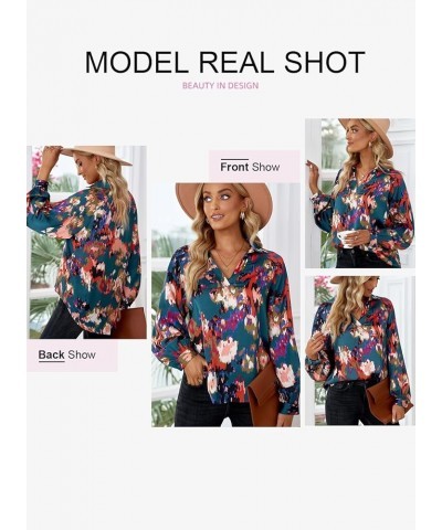 Womens Casual Boho Abstract Print Lapel V Neck Lantern Long Sleeve Satin Loose Tops Blouses Shirts Dark Green $13.19 Blouses