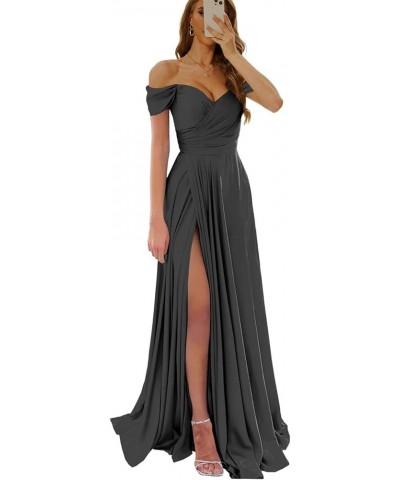 Off The Shoulder Prom Dresses for Women Satin Bridesmaid Dress with Slit Corset Formal Evening Gown Black $24.75 Dresses