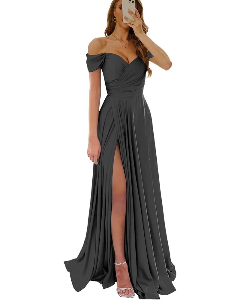 Off The Shoulder Prom Dresses for Women Satin Bridesmaid Dress with Slit Corset Formal Evening Gown Black $24.75 Dresses