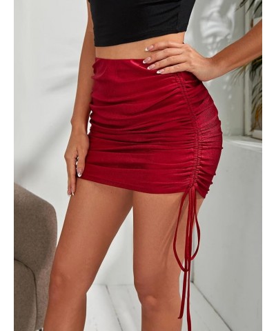 Women's High Waist Drawstring Side Ruched Front Skinny Mini Bodycon Skirt Red $13.92 Skirts