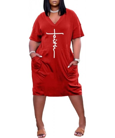 Women's Faith T-Shirt Dress Summer Short Sleeve V Neck Tunic Dress Loose Casual Midi Short Dress with Pockets for Women Red $...