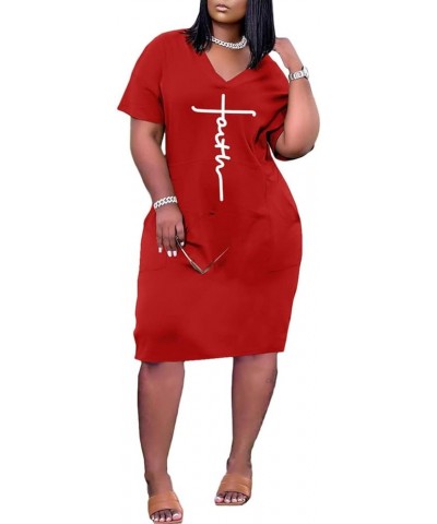 Women's Faith T-Shirt Dress Summer Short Sleeve V Neck Tunic Dress Loose Casual Midi Short Dress with Pockets for Women Red $...