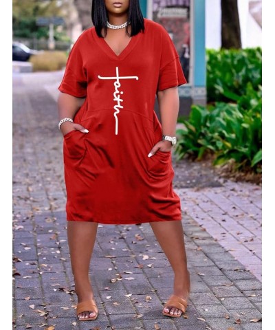 Women's Faith T-Shirt Dress Summer Short Sleeve V Neck Tunic Dress Loose Casual Midi Short Dress with Pockets for Women Red $...