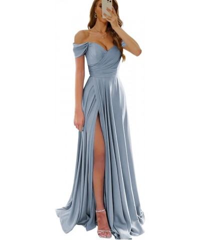 Off The Shoulder Prom Dresses for Women Satin Bridesmaid Dress with Slit Corset Formal Evening Gown Black $24.75 Dresses