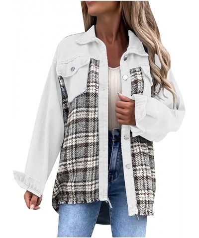 Womens Denim Jackets Trendy Plaid Patchwork Outerwear with Pockets Loose Lounge Washed Retro Long Sleeve Shackets White 6 $9....