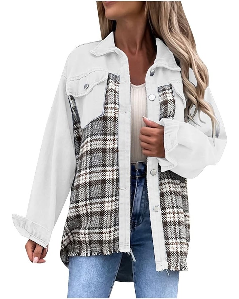 Womens Denim Jackets Trendy Plaid Patchwork Outerwear with Pockets Loose Lounge Washed Retro Long Sleeve Shackets White 6 $9....