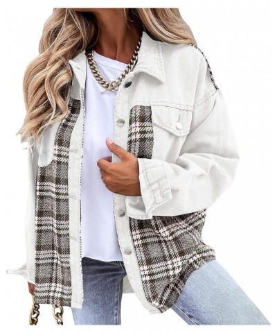 Womens Denim Jackets Trendy Plaid Patchwork Outerwear with Pockets Loose Lounge Washed Retro Long Sleeve Shackets White 6 $9....