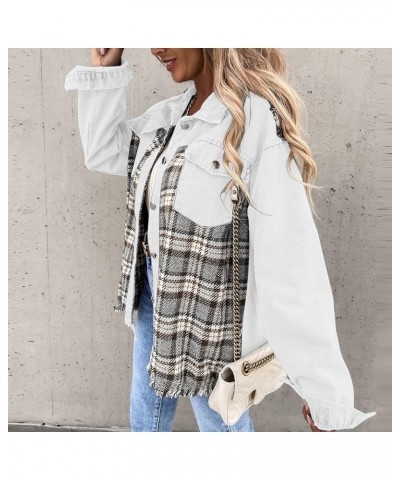 Womens Denim Jackets Trendy Plaid Patchwork Outerwear with Pockets Loose Lounge Washed Retro Long Sleeve Shackets White 6 $9....