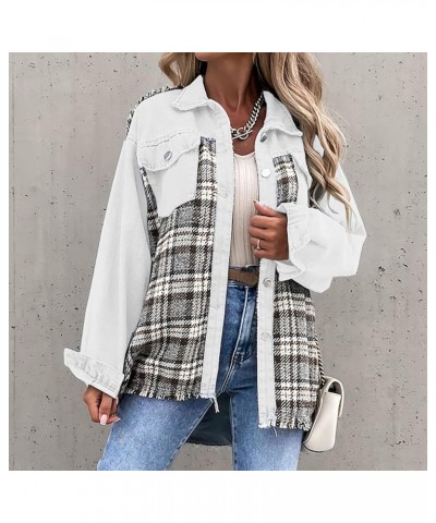 Womens Denim Jackets Trendy Plaid Patchwork Outerwear with Pockets Loose Lounge Washed Retro Long Sleeve Shackets White 6 $9....