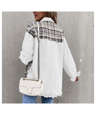 Womens Denim Jackets Trendy Plaid Patchwork Outerwear with Pockets Loose Lounge Washed Retro Long Sleeve Shackets White 6 $9....