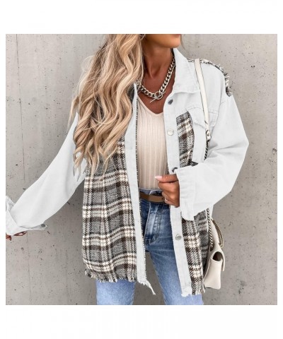 Womens Denim Jackets Trendy Plaid Patchwork Outerwear with Pockets Loose Lounge Washed Retro Long Sleeve Shackets White 6 $9....