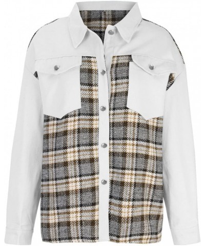 Womens Denim Jackets Trendy Plaid Patchwork Outerwear with Pockets Loose Lounge Washed Retro Long Sleeve Shackets White 6 $9....