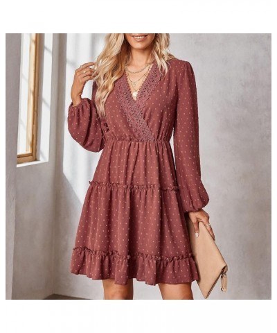 Womens 2023 Spring Summer Wrap V Neck Swiss Dot Long Sleeve Mini Dress 03-indianred $22.41 Dresses