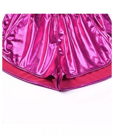 Women's Metallic Shiny Shorts Sparkly Hot Yoga Outfit Rose Red $10.25 Shorts