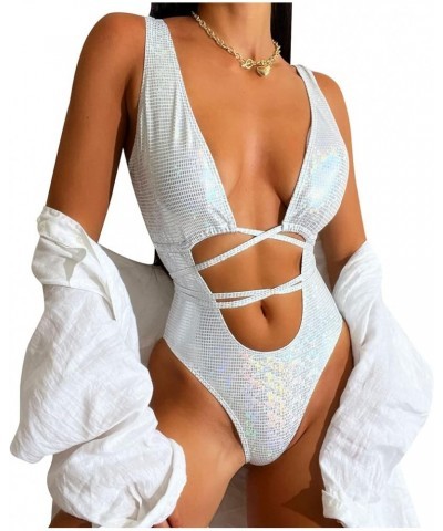 Women Rave Holographic Snakeskin Wrap Swimsuit Sexy Bikini Strappy Backles Bathing Suit B Silvery White $18.54 Swimsuits