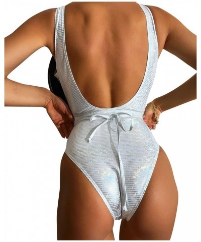 Women Rave Holographic Snakeskin Wrap Swimsuit Sexy Bikini Strappy Backles Bathing Suit B Silvery White $18.54 Swimsuits