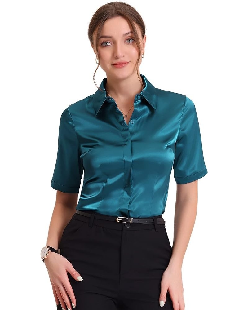 Casual Short Sleeve Satin Blouse for Women's Silky Work Business Workwear Button Down Shirt Peacock Blue $13.00 Blouses