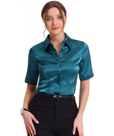 Casual Short Sleeve Satin Blouse for Women's Silky Work Business Workwear Button Down Shirt Peacock Blue $13.00 Blouses