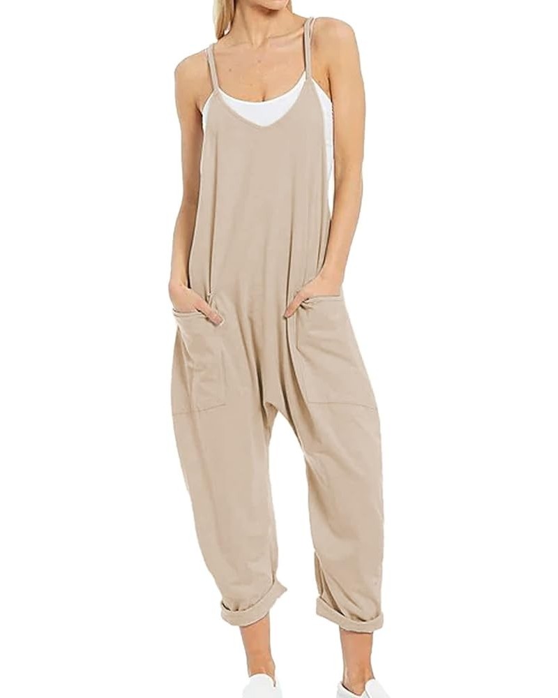 Women's Casual Sleeveless Overalls Baggy Strap Adjustable V Neck Long Pants Jumpsuits with Pockets Apricot $19.79 Overalls