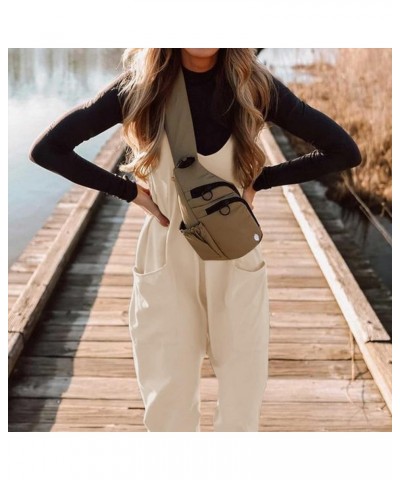 Women's Casual Sleeveless Overalls Baggy Strap Adjustable V Neck Long Pants Jumpsuits with Pockets Apricot $19.79 Overalls