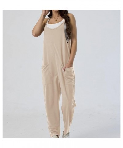 Women's Casual Sleeveless Overalls Baggy Strap Adjustable V Neck Long Pants Jumpsuits with Pockets Apricot $19.79 Overalls