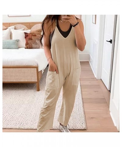 Women's Casual Sleeveless Overalls Baggy Strap Adjustable V Neck Long Pants Jumpsuits with Pockets Apricot $19.79 Overalls