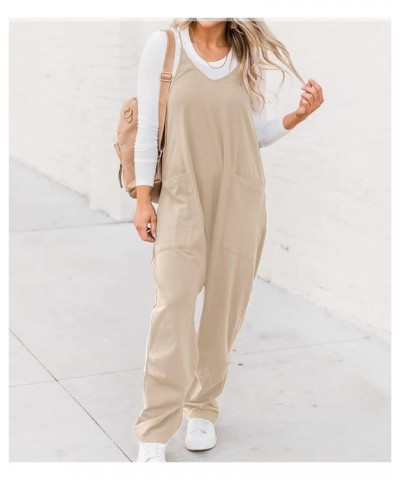 Women's Casual Sleeveless Overalls Baggy Strap Adjustable V Neck Long Pants Jumpsuits with Pockets Apricot $19.79 Overalls