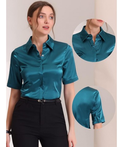 Casual Short Sleeve Satin Blouse for Women's Silky Work Business Workwear Button Down Shirt Peacock Blue $13.00 Blouses