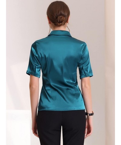 Casual Short Sleeve Satin Blouse for Women's Silky Work Business Workwear Button Down Shirt Peacock Blue $13.00 Blouses