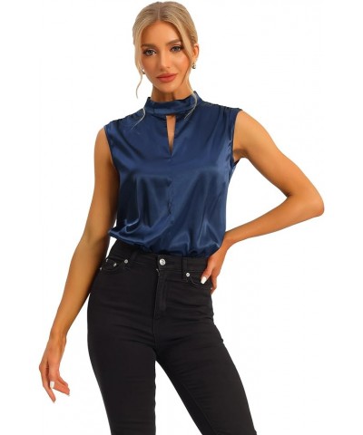 Women's Satin Blouse Sleeveless Cut Out Mock Neck Work Office Leotard Bodysuit Blouse Top Navy $21.23 Bodysuits