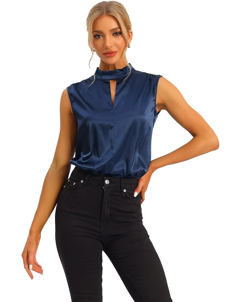 Women's Satin Blouse Sleeveless Cut Out Mock Neck Work Office Leotard Bodysuit Blouse Top Navy $21.23 Bodysuits