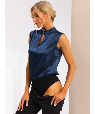 Women's Satin Blouse Sleeveless Cut Out Mock Neck Work Office Leotard Bodysuit Blouse Top Navy $21.23 Bodysuits