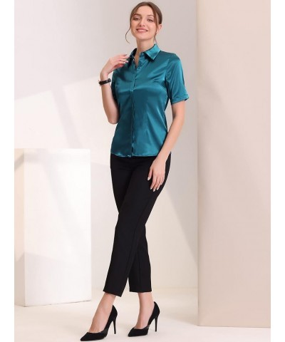 Casual Short Sleeve Satin Blouse for Women's Silky Work Business Workwear Button Down Shirt Peacock Blue $13.00 Blouses