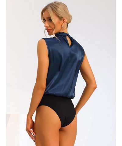 Women's Satin Blouse Sleeveless Cut Out Mock Neck Work Office Leotard Bodysuit Blouse Top Navy $21.23 Bodysuits