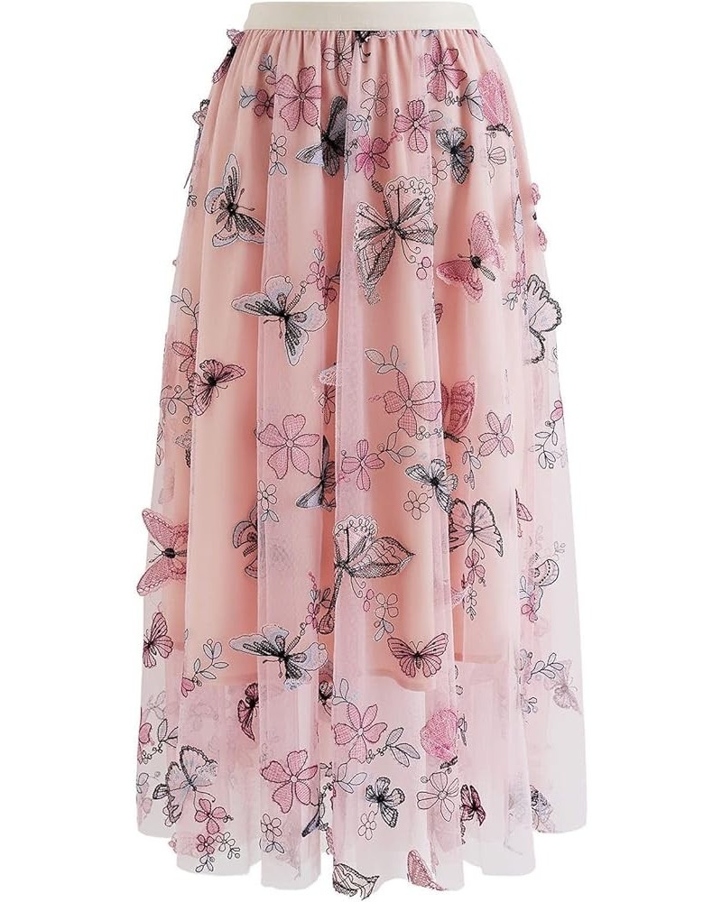 Women's Caramel/Dusty Blue/White/Black 3D Posy Double-Layered Mesh Midi Skirt Pink-colorful 3d Butterfly $26.49 Skirts